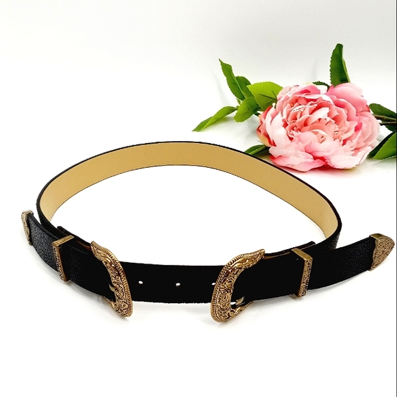 Boutique Accessories - WESTERN Style Brass Tone Double Buckle Black Bonded Leather Belt 27" - 33" Waist
